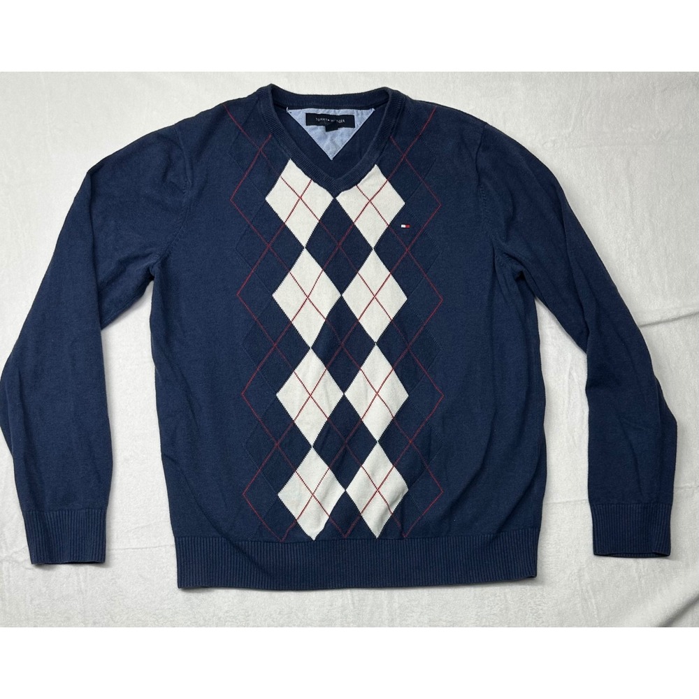 Tommy‎ Hilfiger Men's Navy Blue Argyle V-Neck Sweater Cotton Casual Classic